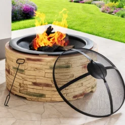 Feuerschale aus MgO und Stahl, ca. 67,5 x 67,5 x 51 cm - Beige / Braun in Steinoptik