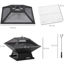 Feuerschale mit Funkenschutz Grillrost Schürhaken für Garten Camping BBQ Stahl Schwarz 45x45x34cm