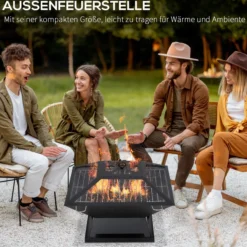 Feuerschale mit Funkenschutz Grillrost Schürhaken für Garten Camping BBQ Stahl Schwarz 45x45x34cm