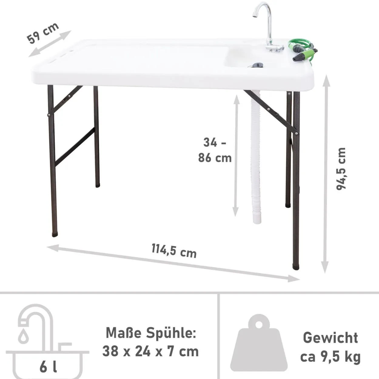 Filetiertisch klappbar, mit Sprühdüse