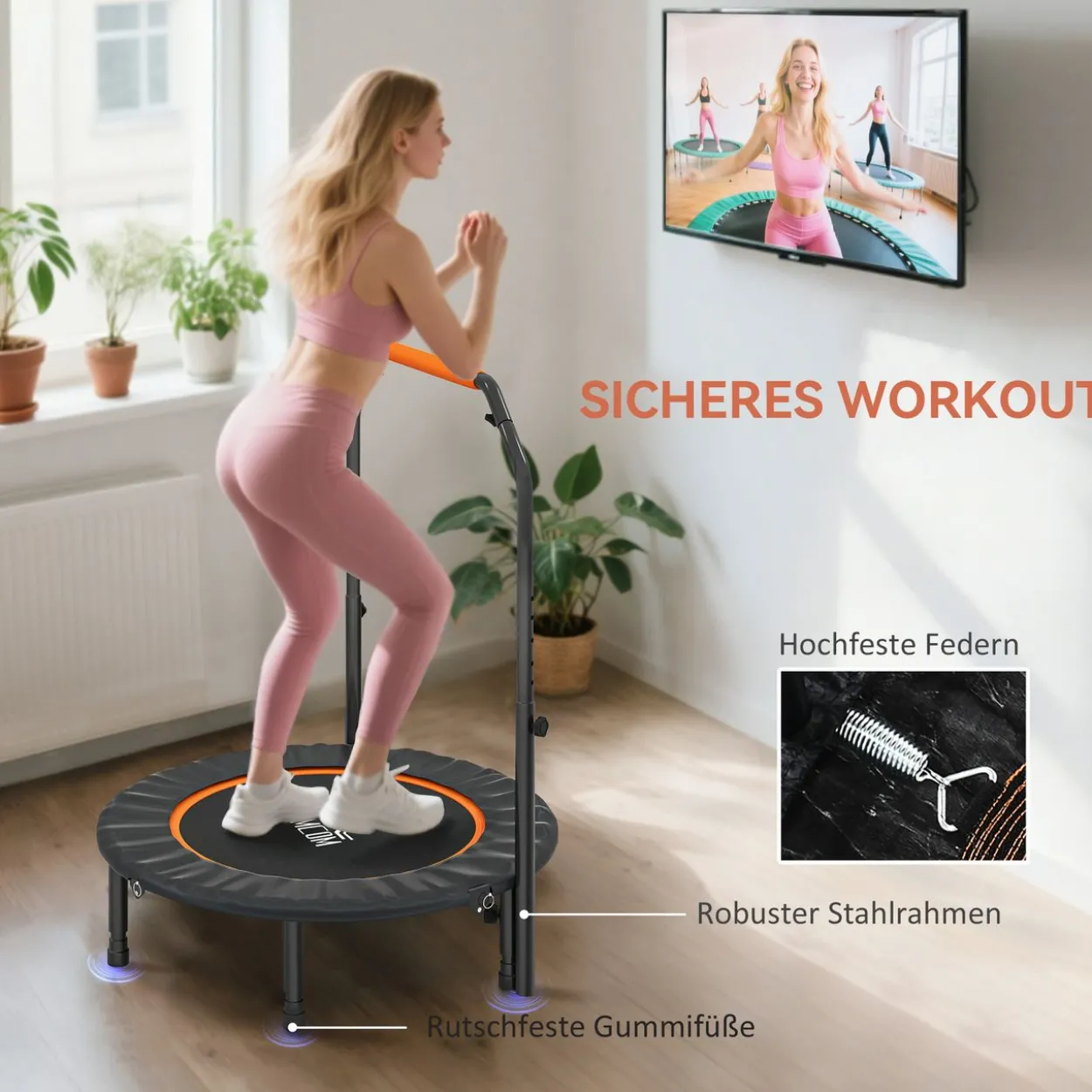 Fitness-Trampolin, klappbar mit Haltegriff
