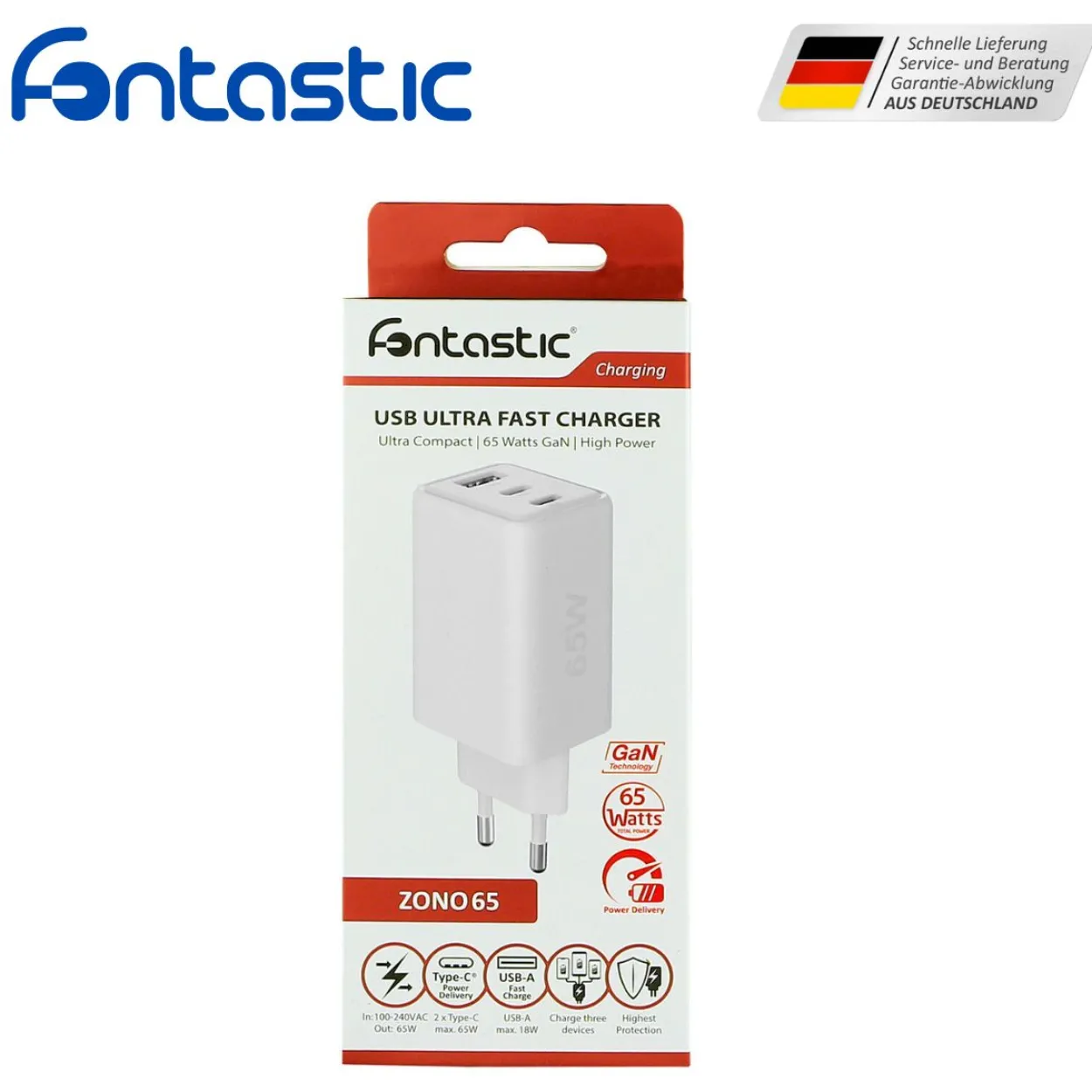 Fontastic Netzteil GAN 65W, 2 x Typ-C + USB-A Weiss