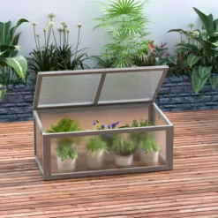 Frühbeet Pflanzenbeet mit Abdeckung aus Holz und Polycarbonat wetterfest Grau 90 x 46 x 40 cm