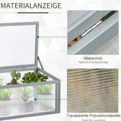 Frühbeet Pflanzenbeet mit Abdeckung aus Holz und Polycarbonat wetterfest Grau 90 x 46 x 40 cm