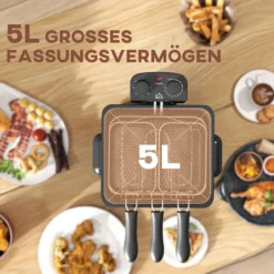 Fritteuse mit 5L Kapazität, Einstellbare Temperatur & Timer, Sichtfenster, 2000W
