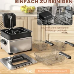 Fritteuse mit 5L Kapazität, Einstellbare Temperatur & Timer, Sichtfenster, 2000W