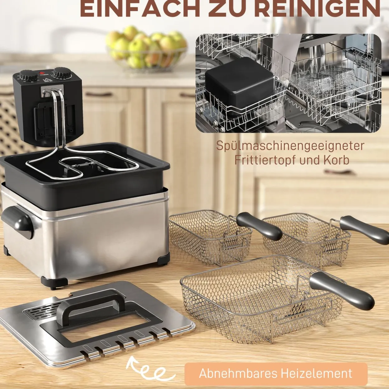 Fritteuse mit 5L Kapazität, Einstellbare Temperatur & Timer, Sichtfenster, 2000W