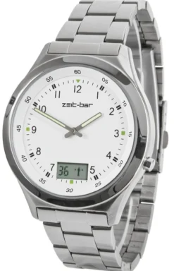 Funk-Armbanduhr mit Datums- und Sekundenanzeige, Edelstahl-Uhrband
