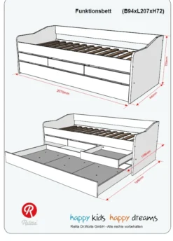 Funktionsbett JILL 90x200 ohne Lattenrost, 3 Schubladen u. Bettschublade Dekor Weiß