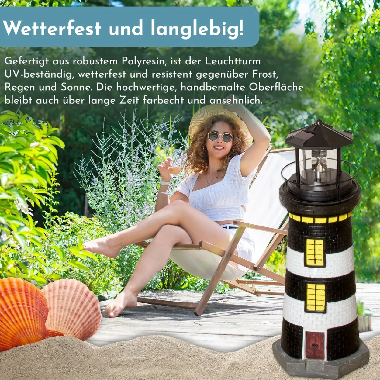 Gartendeko Leuchtturm mit Solar schwarz/weiß, handbemalte Gartenfigur 37 cm hoch