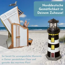 Gartendeko Leuchtturm mit Solar schwarz/weiß, handbemalte Gartenfigur 37 cm hoch