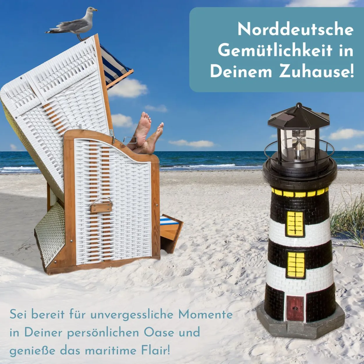Gartendeko Leuchtturm mit Solar schwarz/weiß, handbemalte Gartenfigur 37 cm hoch