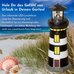 Gartendeko Leuchtturm mit Solar schwarz/weiß, handbemalte Gartenfigur 37 cm hoch