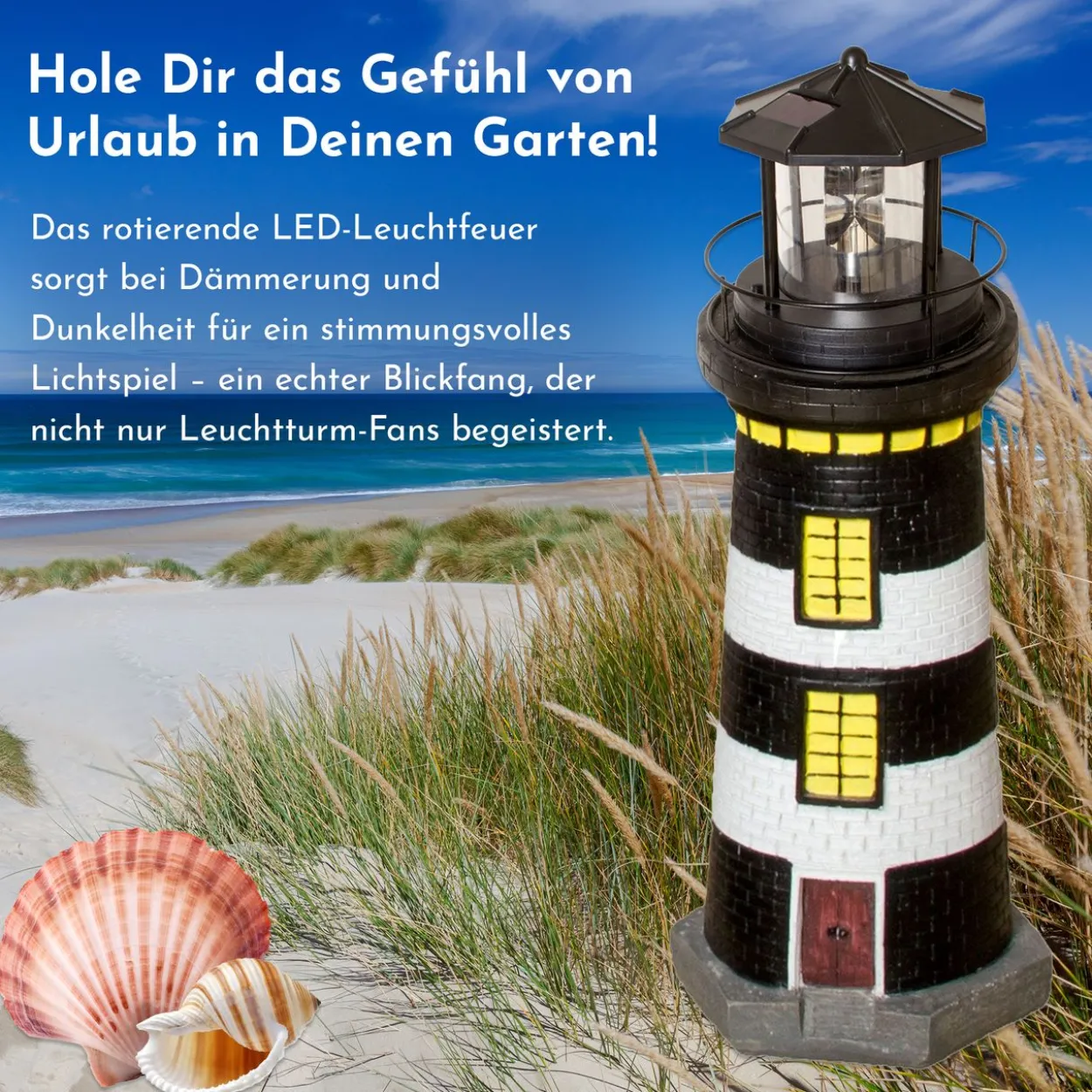 Gartendeko Leuchtturm mit Solar schwarz/weiß, handbemalte Gartenfigur 37 cm hoch