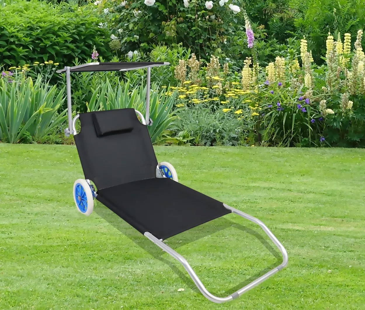 Gartenliege Sonnenliege rollbar Schwarz