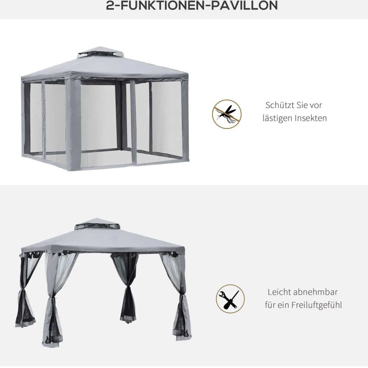 Gartenpavillon Pavillon Gartenzelt mit 4 Seitenwänden 3 x 3 m Hellgrau