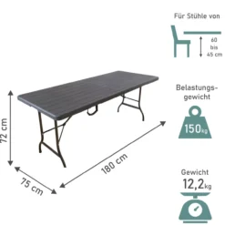 Gartentisch in Holzoptik, Klapptisch 180 x 75 cm, Buffettisch bis 150 kg belastbar