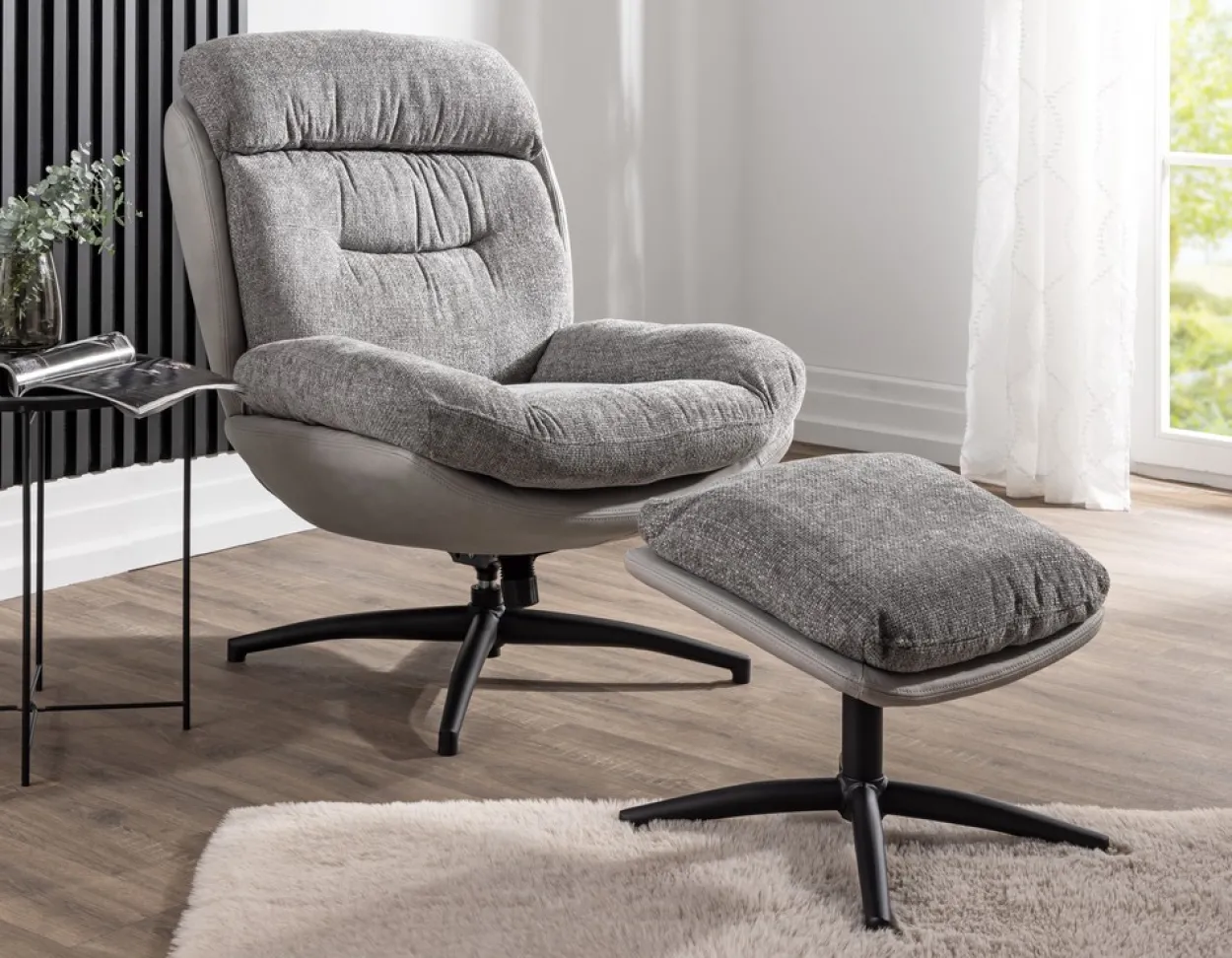 gepolsterter Drehsessel Relaxsessel mit Hocker, hellgrau