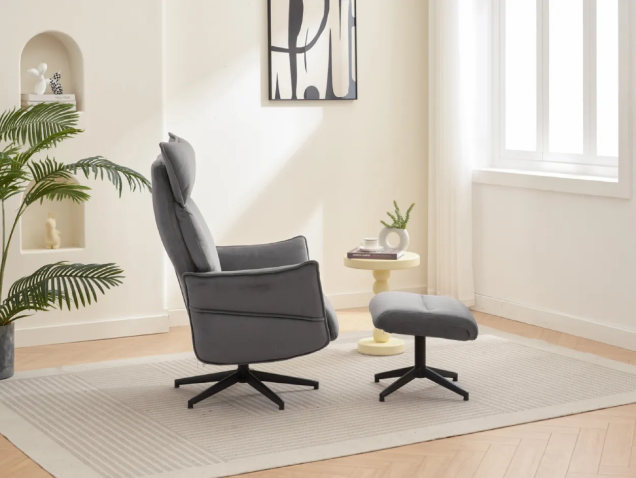 gepolsteter Relaxsessel mit Hocker - dunkelgrau