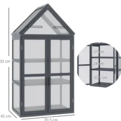 Gewächshaus 3 Ebenen aufklappbares Dach Holz Polycarbonat wetterfest Natur 70,5x42x132cm