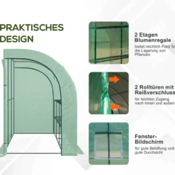 Gewächshaus mit Regale, Fenster, winterfest Foliengewächshaus aus Stahl Grün