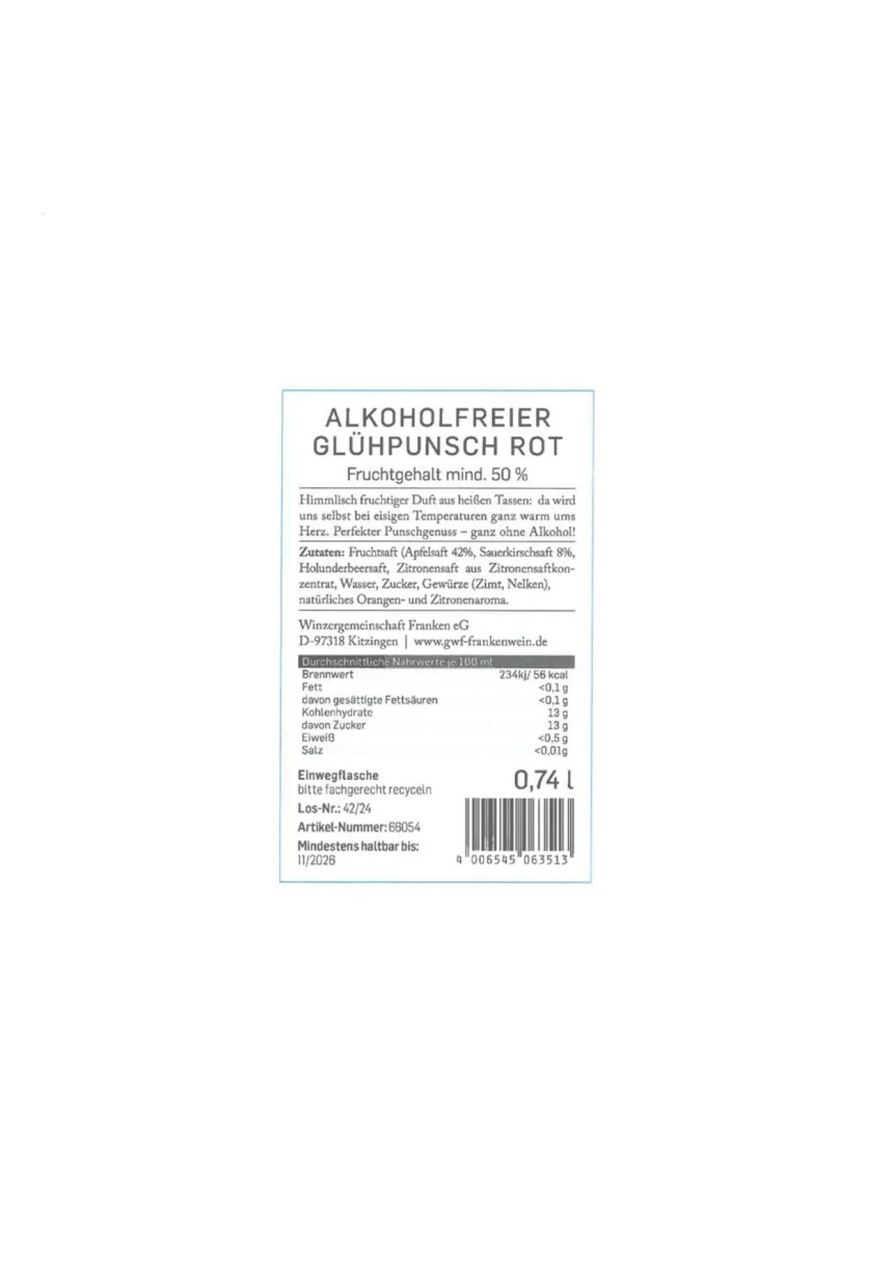 Glühpunsch rot alkoholfrei 0,74l