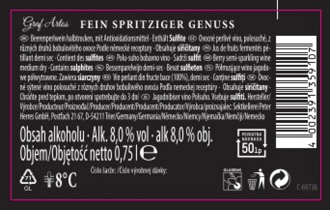 Graf Artos Beerenperlwein weiß halbtrocken 0,75l