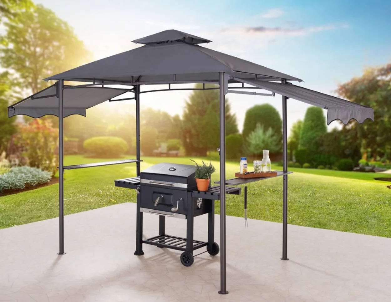 Grillpavillon mit zwei zusätzlichen Markisen, ca. 240 x 150 x 250 cm