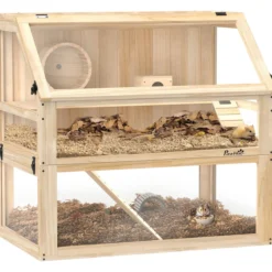 Hamsterkäfig aus Holz 3 Etagen Nagerkäfig mit Wippe Laufrad Hütte Naturholz