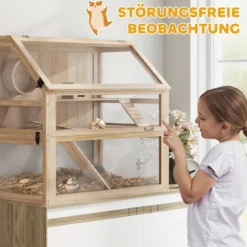 Hamsterkäfig aus Holz 3 Etagen Nagerkäfig mit Wippe Laufrad Hütte Naturholz