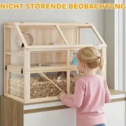 Hamsterkäfig aus Holz 3 Etagen Nagerkäfig mit Wippe Laufrad Hütte Naturholz