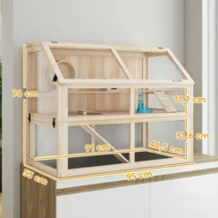 Hamsterkäfig aus Holz 3 Etagen Nagerkäfig mit Wippe Laufrad Hütte Naturholz