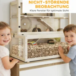 Hamsterkäfig aus Holz 100 x 50 x 84 cm 3 Etagen Nagerkäfig mit Sichtfenster