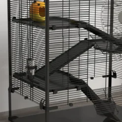 Hamsterkäfig für Zwerghamster, 4-stufig Nagerkäfig mit Glasboden Laufrad Schwarz