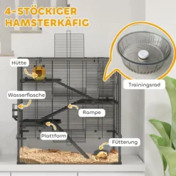 Hamsterkäfig für Zwerghamster, 4-stufig Nagerkäfig mit Glasboden Laufrad Schwarz