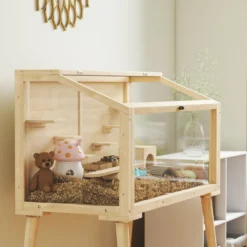 Hamsterkäfig, Holz Zwerghamstergehege, Kleintierstall mit Wippe Wasserflasche