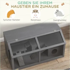 Hamsterkäfig, Kleintierkäfig aus Holz mit Hängebrücke, Leitern, Hütte Obertür