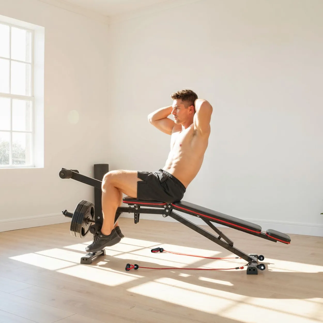 Hantelbank verstellbar bis 300 kg 3 in 1 Trainingsbank mit Rollen Beinstrecker