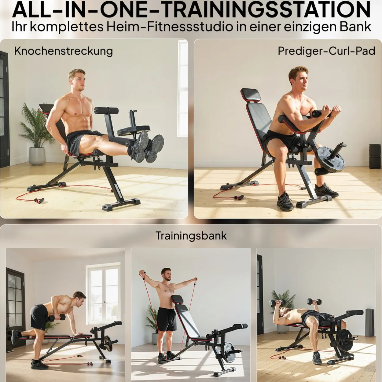Hantelbank verstellbar bis 300 kg 3 in 1 Trainingsbank mit Rollen Beinstrecker