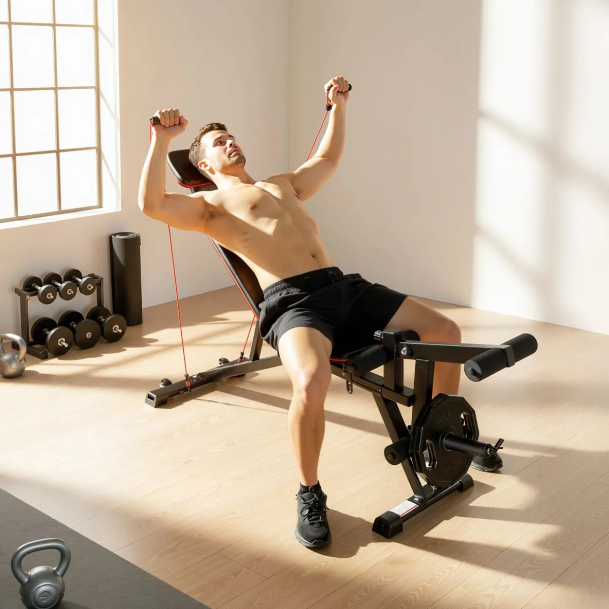 Hantelbank verstellbar bis 300 kg 3 in 1 Trainingsbank mit Rollen Beinstrecker