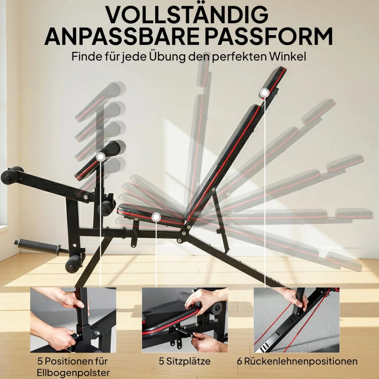 Hantelbank verstellbar bis 300 kg 3 in 1 Trainingsbank mit Rollen Beinstrecker