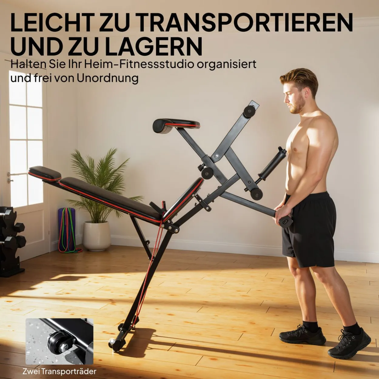 Hantelbank verstellbar bis 300 kg 3 in 1 Trainingsbank mit Rollen Beinstrecker