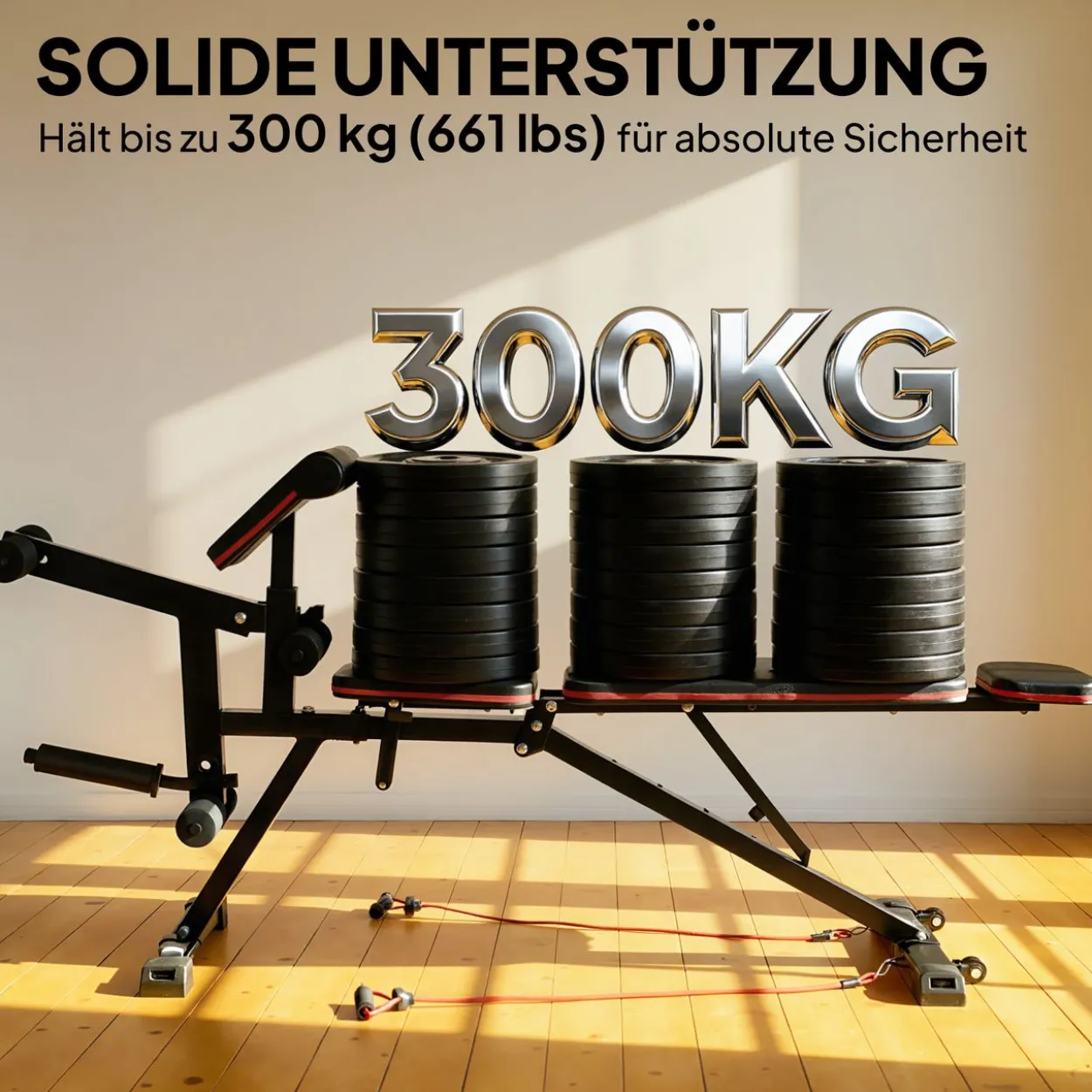 Hantelbank verstellbar bis 300 kg 3 in 1 Trainingsbank mit Rollen Beinstrecker
