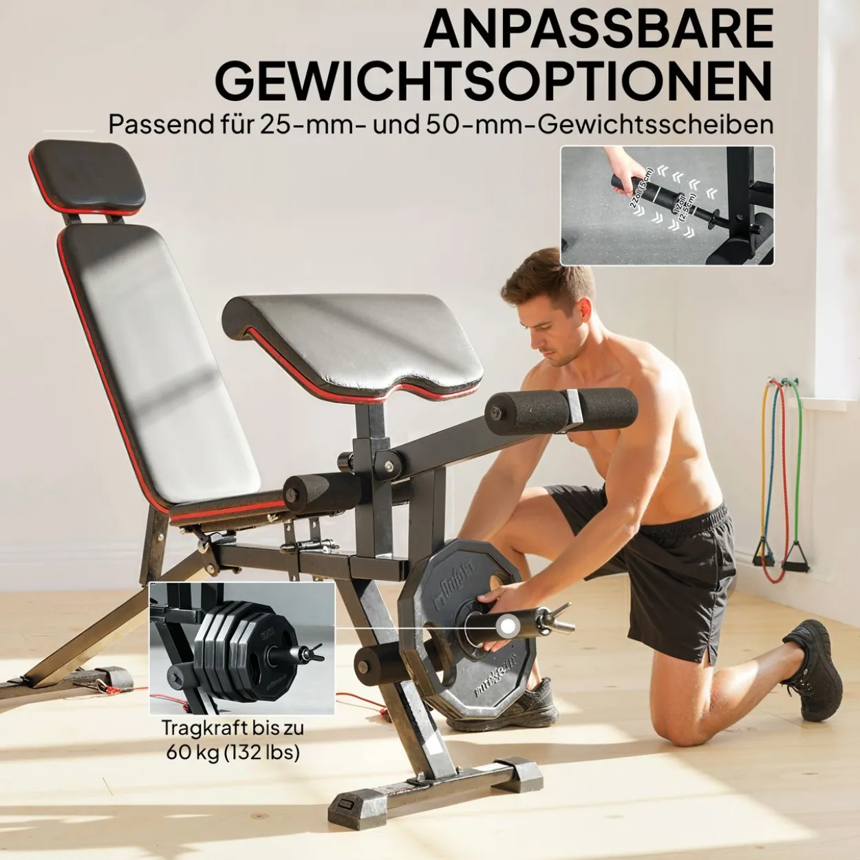 Hantelbank verstellbar bis 300 kg 3 in 1 Trainingsbank mit Rollen Beinstrecker