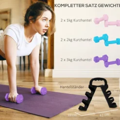 Hanteln Set 6 Kurzhanteln 2 x 1kg, 2 x 2kg, 2 x 3kg mit Klappbarem Hantelständer