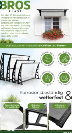 Hauseingang Vordach aus Aluminium Rahemn 100 cm x 120 cm schwarz (mit mittlere Aluminium Stange)