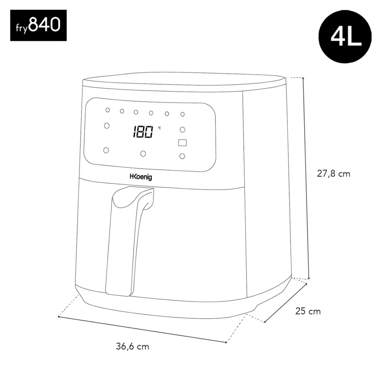 Heißluftfritteuse 4L FRY840, 6 Kochprogramme, Schwarz
