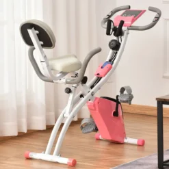 Heimtrainer 2-in-1 Fahrradtrainer LCD-Display klappbarer Hometrainer Trimmrad mit 8 stufig einstellbarem Magnetwiderstand Rosa+Weiß 97x51x115 cm