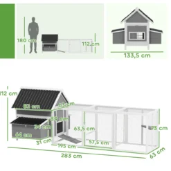 Hühnerstall 283 x 133,5 x 112 cm Hühnerhaus für 7-10 Hühner mit Freilaufgehege