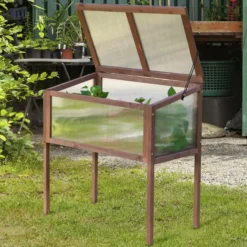 Hochbeet aus Holz Frühbeet Gewächstisch Braun Tannenholz PC-Platte 90 x 50 x 93 cm